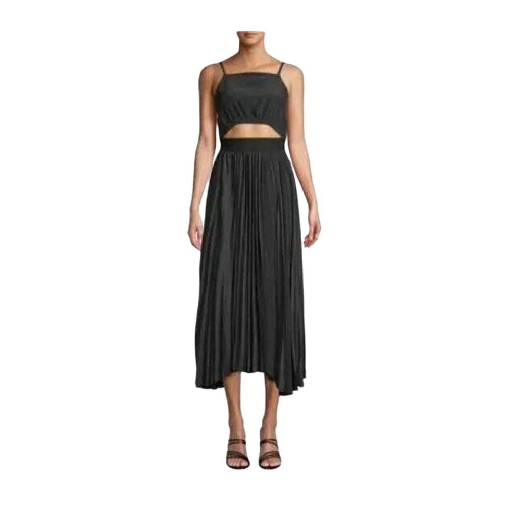 $445 Ramy Brook Black Satin Pleated Cutout Midi Fit & Flare Dress Medium
